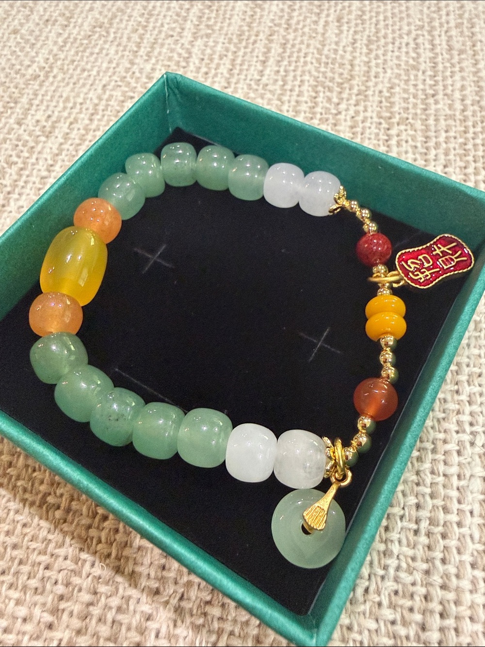 Green, Yellow, Red, Jade Multicolor Beaded Bracelet with Gold Charm Accents